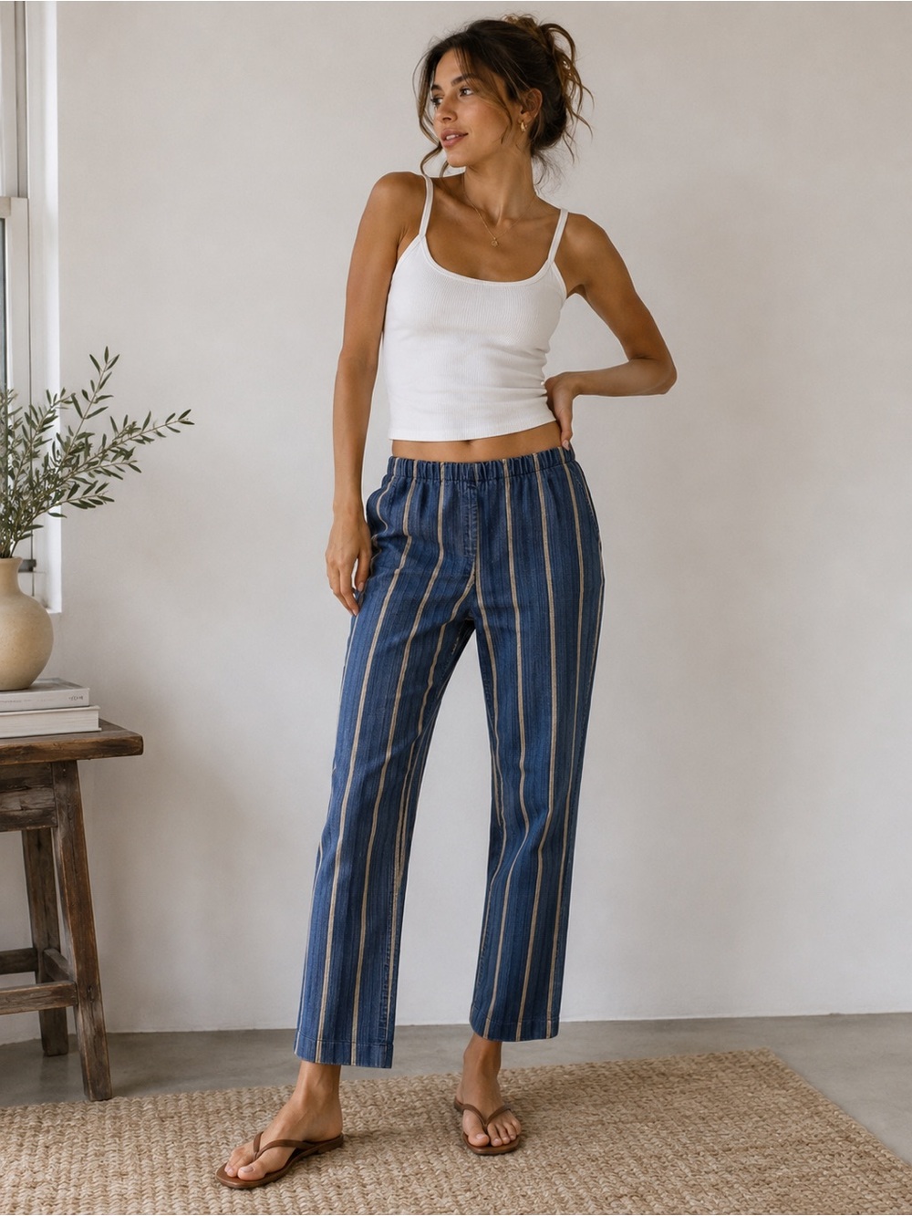 Handmade Boho Striped Blue and Tan Pants Size XS S Stretch Denim Artisan